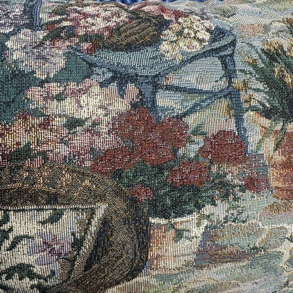 Vintage Floral Tapestry Lumbar Throw Pillow Blue Velvet Back 24x12